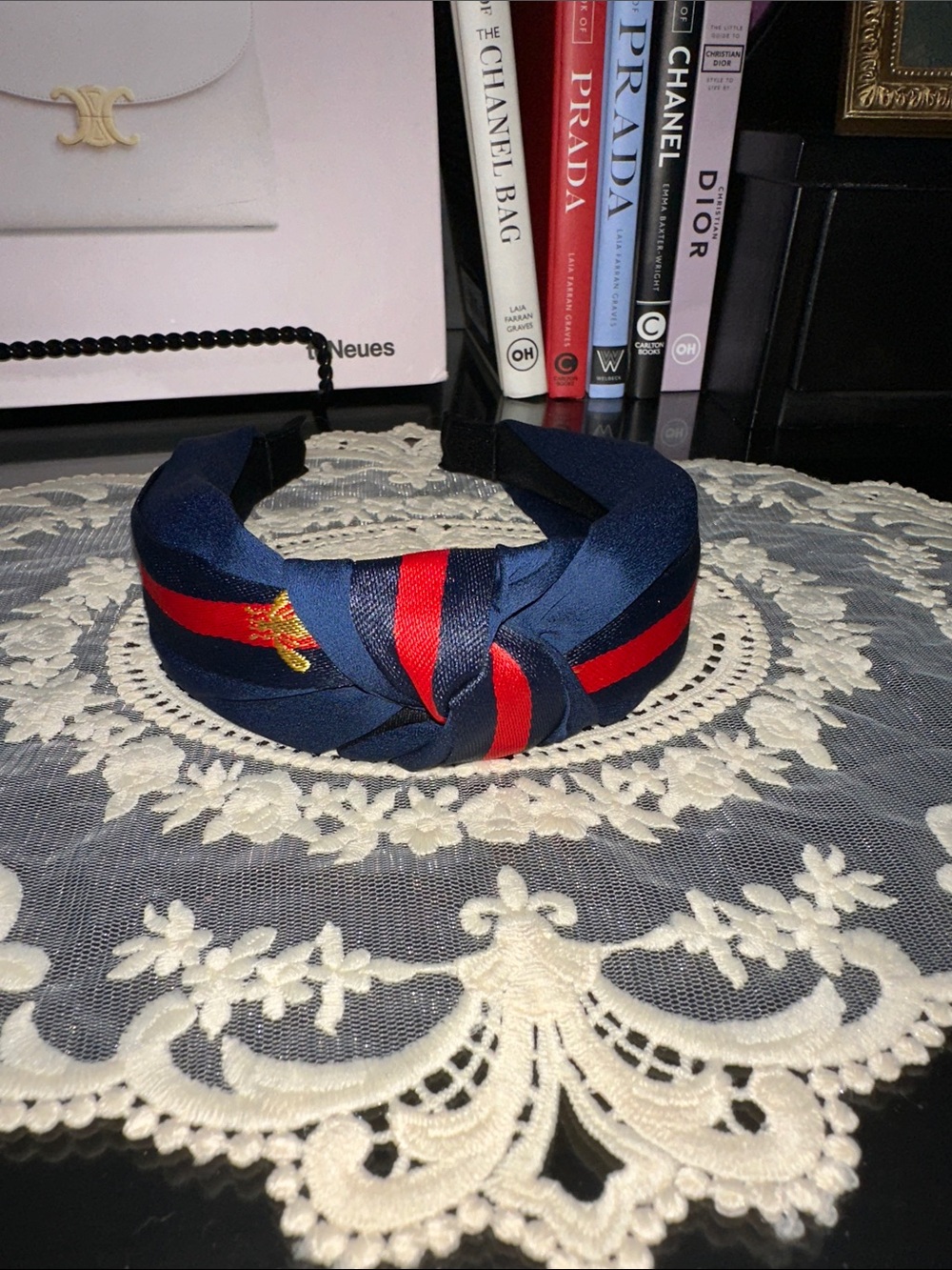 Navy and Red Knotted Headband with Embroidered Bee